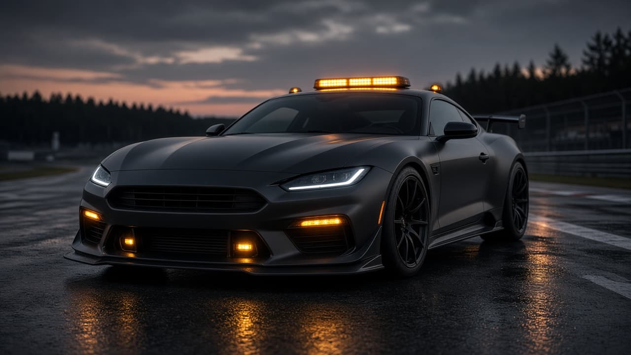 A pace car on dark asphalt, amber safety lights reflecting on the track